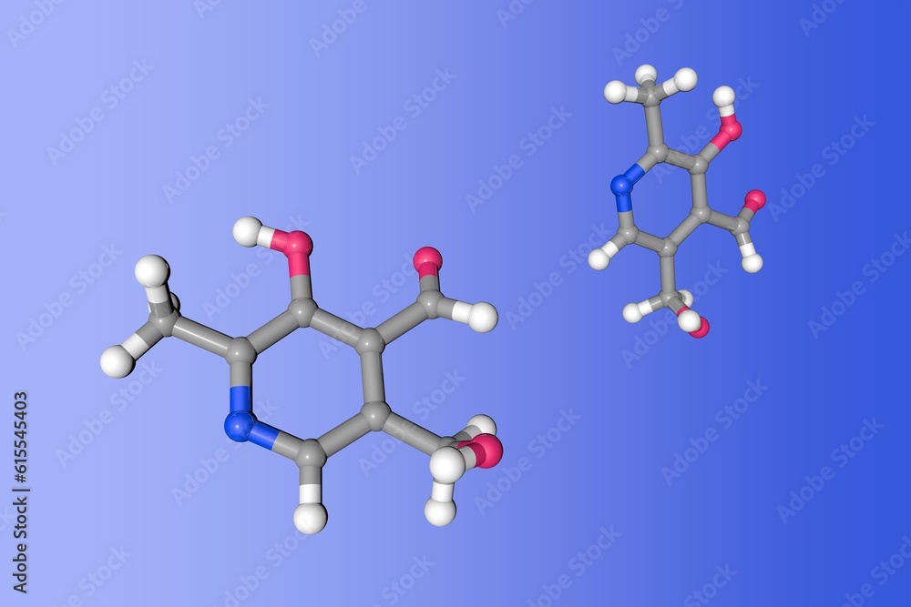 Pyridoxal , the form of vitamin b6. Molecular model. Atoms are shown as spheres with conventional color coding: carbon (grey), oxygen (red), hydrogen (white), nitrogen (blue). 3d illustration Pyridoxal , the form of vitamin b6. Molecular model. Atoms are shown as spheres with conventional color coding: carbon (grey), oxygen (red), hydrogen (white), nitrogen (blue). 3d illustration