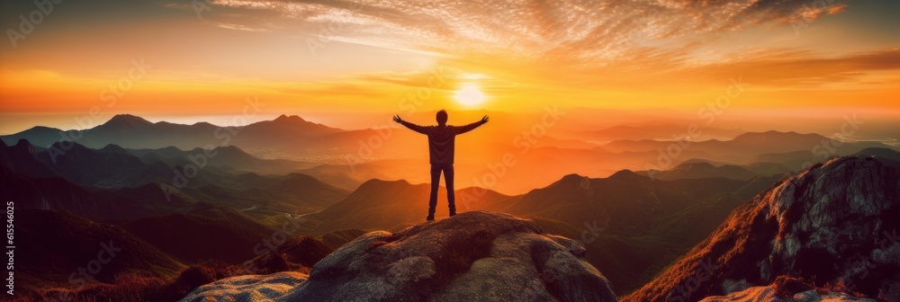 Silhouette of a man on top of a mountain at sunset with outstretched ...