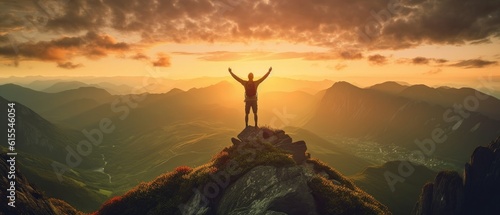 Silhouette of a man on top of a mountain at sunset with outstretched arms. The concept of the beauty of nature and the feeling of freedom. Generative AI photo
