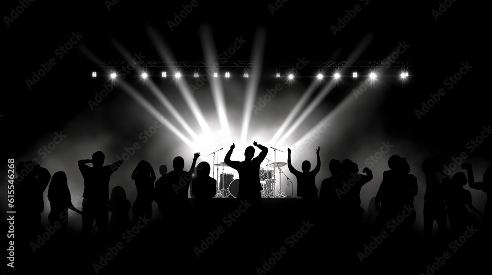 Silhouettes of concert crowd in front of bright stage lights on a music festival. Generative AI. Illustration for cover, card, postcard, interior design, decor, packaging, invitations or print.