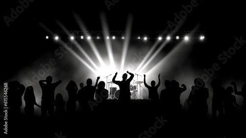 Silhouettes of concert crowd in front of bright stage lights on a music festival. Generative AI. Illustration for cover, card, postcard, interior design, decor, packaging, invitations or print.
