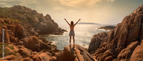 Woman stands on a rocky cliff overlooking a vast ocean with her arms raised. Concept of personal achievement and overcoming challenges. Generative AI