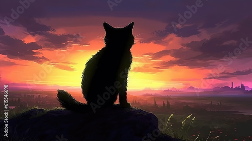 a beautiful cat is watching the sunset, thinking about life wallpaper, ai generated image