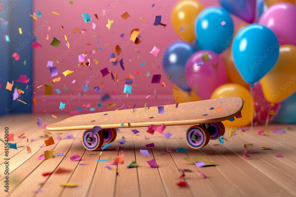 skateboard for kids on the festive background with air balloons. Super