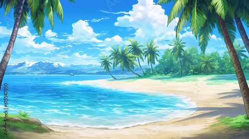 a wonderful peaceful anime wallpaper artwork of a beach with palms  ai generated image