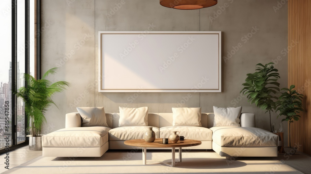 Mockup poster frame in modern interior. 3D Render. Generated with AI technology. Mockup poster frame in modern interior. 3D Render. Generated with AI technology.