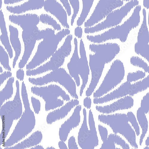 Seamless ikat pattern with floral elements on white background.