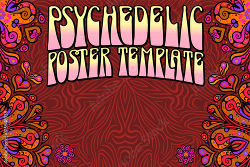 A horizontal poster template in the style of 1960s floral psychedelia