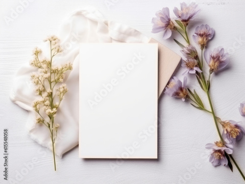 Elegant Blank Invitation Card Mockup Flat Lay with Wild Flowers and Stems on a Plain Background