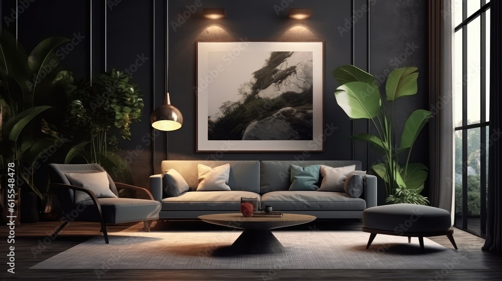 Fototapeta premium Mockup poster frame in modern interior. 3D Render. Generated with AI technology.