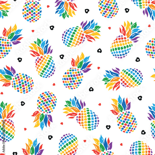Rainbow Pineapple and hearts Seamless pattern. Colorful Fruit Background. Vector illustration