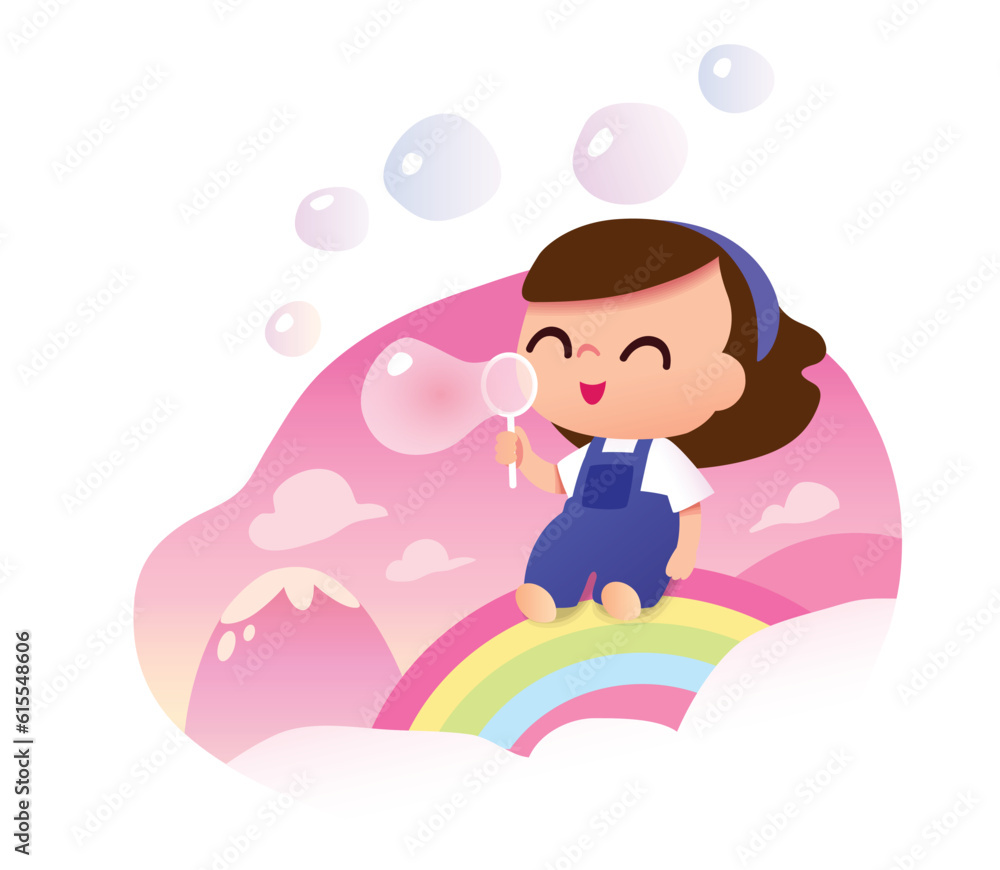 Baby girl sitting in a rainbow blowing bubbles. Happy smiling child.