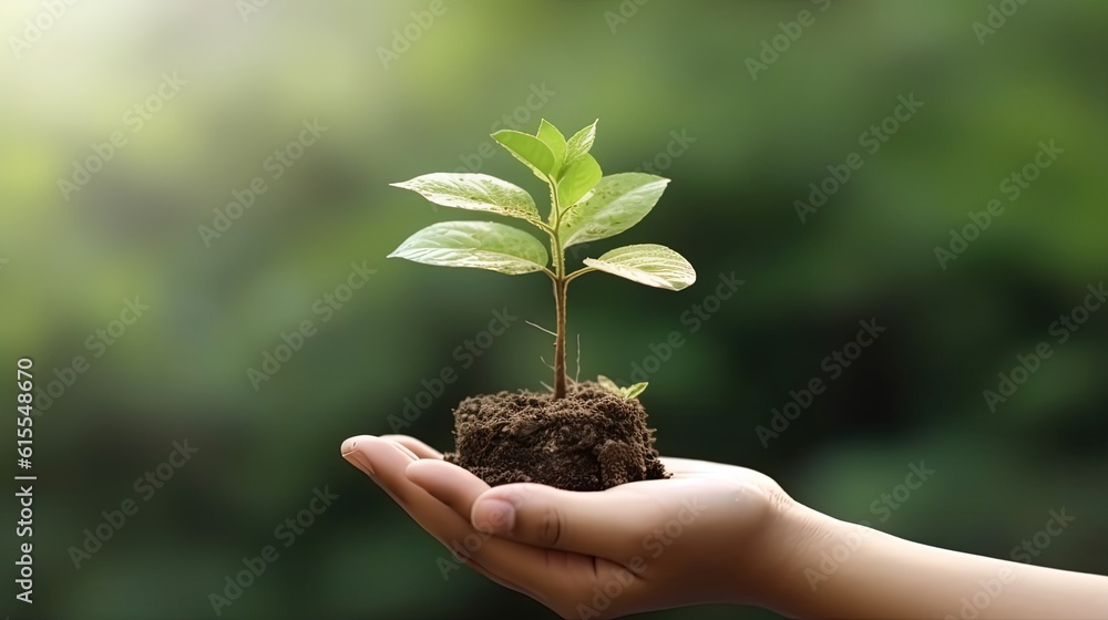 Hand holding young plant on blur green nature. concept eco earth day Hand holding young plant on blur green nature. concept eco earth day
