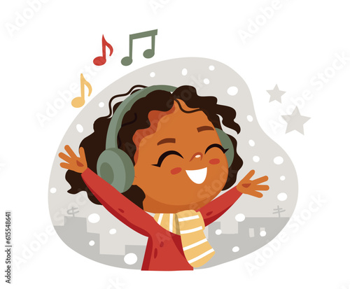 Little girl listening to music. Happy child with headset.