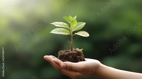 Hand holding young plant on blur green nature. concept eco earth day