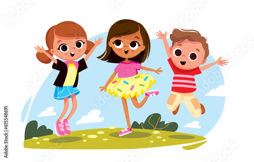 Happy children jumping. Group of school kids outdoors. Children having fun.
