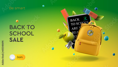 Back to school Sale, yellow backpack with apple and school supplies photo
