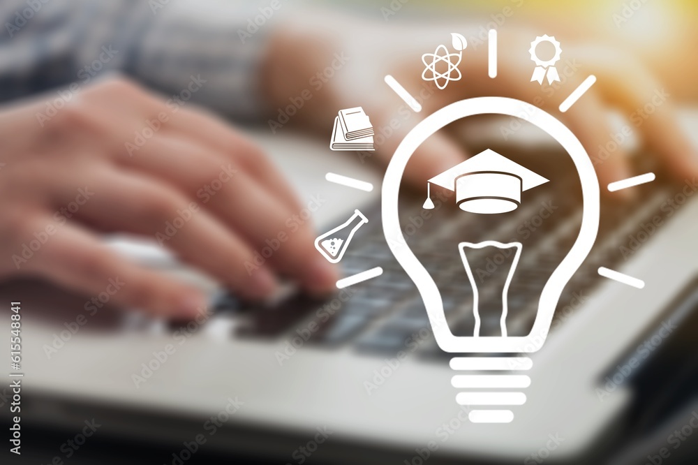 E-learning concept, person work with light bulb icon E-learning concept, person work with light bulb icon