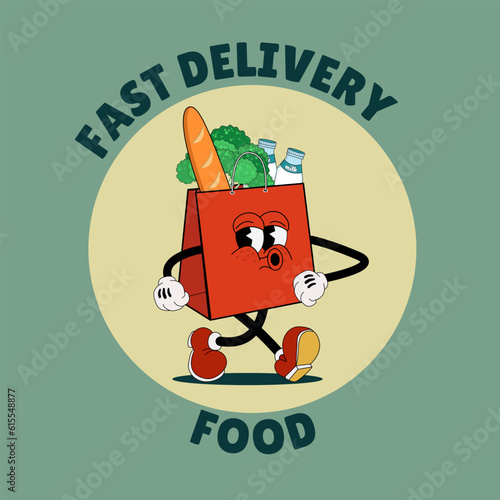 The logo of fast food delivery. A funny mascot is a bag with groceries. A flat vector illustration of a comic character in a fashionable retro cartoon style of the 70s.