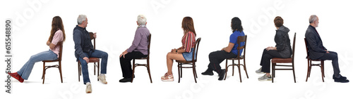 group of people sitting on chair and looking back on white background