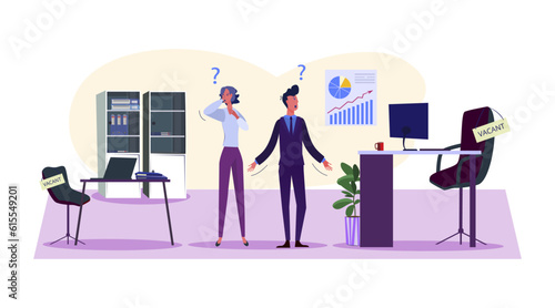 Confused employers and vacant seats vector illustration. Cartoon drawing of shocked company people with no employees, personnel or workers in office. Workforce, business, labor crisis concept
