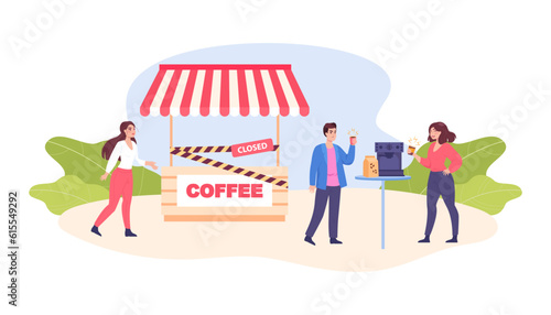 Closed coffee stall and upset customers vector illustration. Cartoon drawing of people drinking coffee with bad taste from machine. Coffee, business, beverage, inflation concept