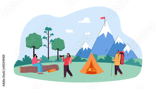 Woman filming girl talking while sitting on log at campsite. Friends going on camping trip together, flag on mountain vector illustration. Summer, traveling, hiking, vacation concept