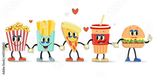 Set of funny fast food characters - pizza, french fries, burger, popcorn, coffee. Group of friendly Fast Food meals.Cartoon vector illustration isolated on white background.