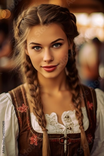 Ethereal Oktoberfest Beauty  Portrait of a Young Woman in Traditional Dirndl with Braided Hair  Generative AI