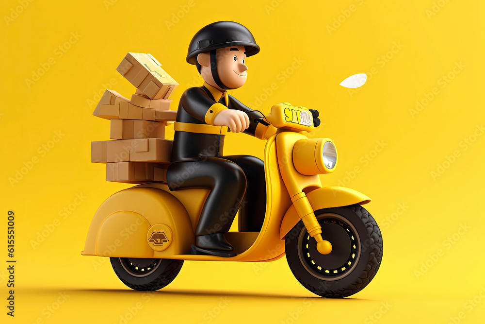 Generative AI illustration of a delivery man on a motorcycle with uniform and backgrounds of various colors Generative AI illustration of a delivery man on a motorcycle with uniform and backgrounds of various colors