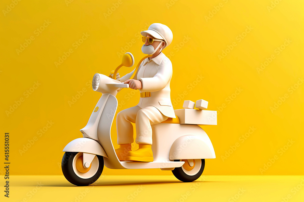 Generative AI illustration of a delivery man on a motorcycle with uniform and backgrounds of various colors Generative AI illustration of a delivery man on a motorcycle with uniform and backgrounds of various colors