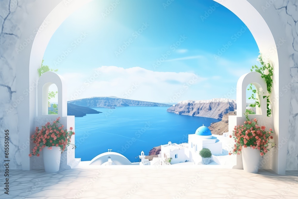 santorini greece panoramic background travel holiday concept, AI - obrazy, fototapety, plakaty 