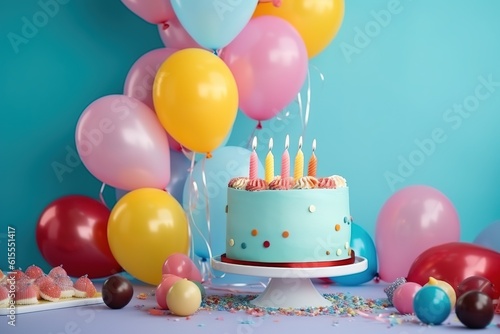 Celebration birthday party with cake and balloons illustration. Ai generative.