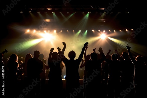 Silhouettes of a group of people in a concert crowd in front illustration. Ai generative.