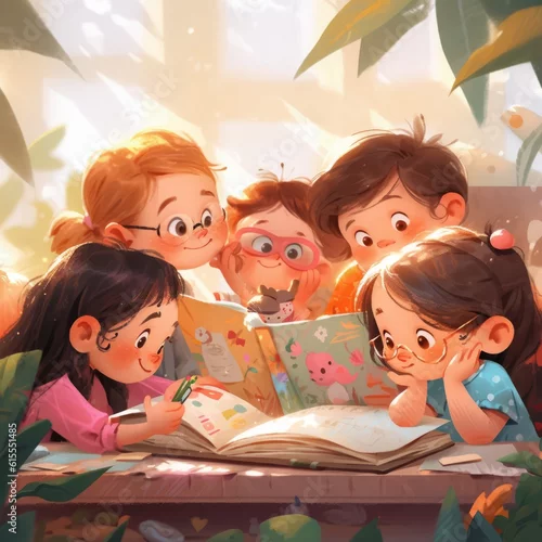 Obraz Illustration of a group of schoolchildren studying outside on a sunny day. Cute young pupils reading a book in the garden. Teamwork, kids and education  concept. AI generated 3D illustration