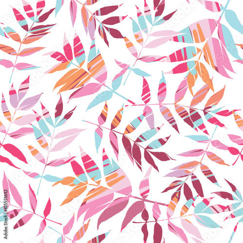 Fashionable seamless tropical pattern with bright plants and leaves on a white background. Beautiful exotic plants. Trendy summer Hawaii print. Colorful stylish floral.
