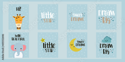 Set of Cute baby cards illustrations. Cute fun shower cards.