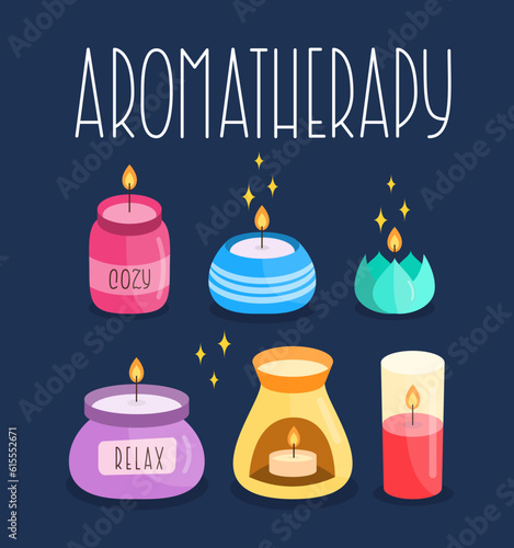 Lighted Aroma Candles Cartoon Collection. Comfort Theme, Home Design, Aromatherapy and Romance Elements. Candle Colorful Drawn Vector Set.
