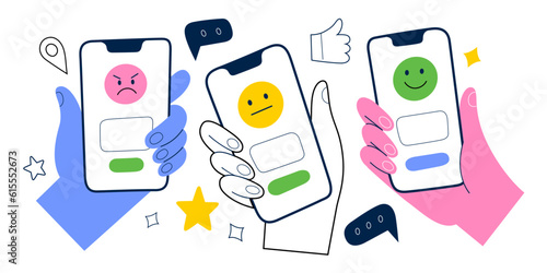 People leave positive and negative feedback, hands holding smartphone with rating scale on screen, customers leave opinions, good, bad and excellent rate, thumbs up and down, close up vector