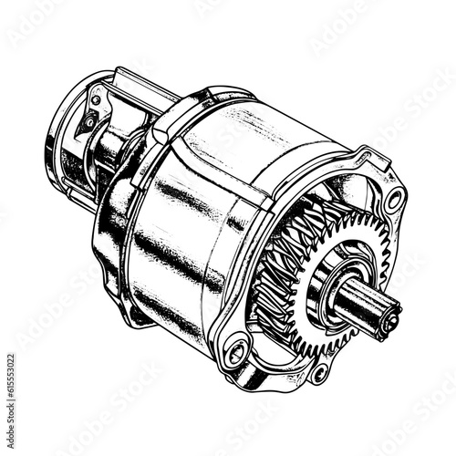 starter motor vector drawing. Isolated hand drawn, engraved style illustration