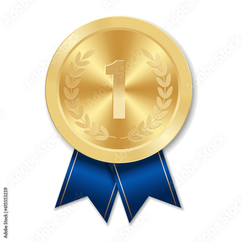 Golden award sport medal for winners with blue ribbon