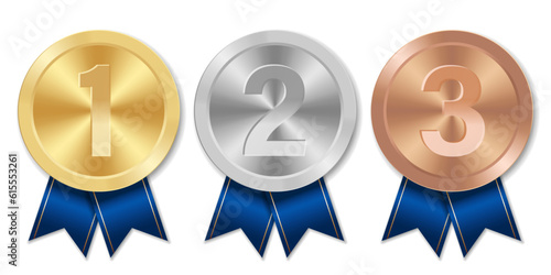 Golden silver and bronze award sport medal with blue ribbons and numbers