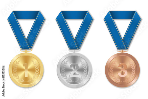 Golden silver and bronze award sport medal with blue ribbons and numbers