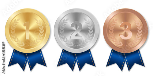 Golden silver and bronze award sport medal with blue ribbons and numbers