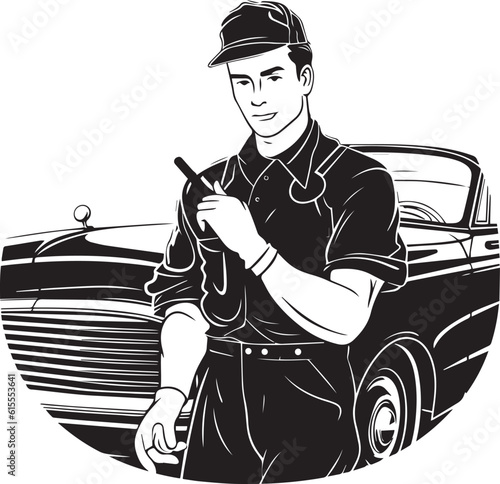 Vintage car mechanic, Vector illustration, SVG