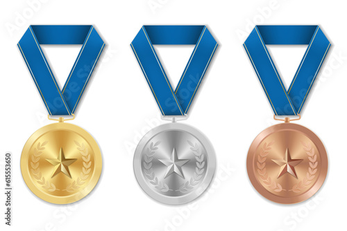 Golden silver and bronze award sport medal with blue ribbons and star