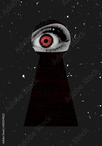Illustration of an eye peeking out of a keyhole. Psychedelic halftone collage retro poster. Psychedelic old style. Vector art.