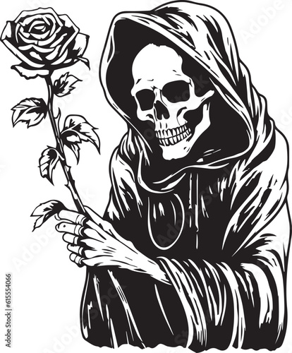 Death with roses, Grim Reaper, Skeleton in black robe Vector Illustration, SVG