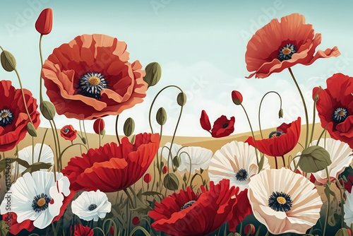 illustration of red flower poppy field banner background