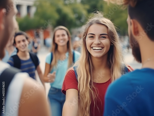 Students return to campus after holidays, say hello to their colleagues. Generated ai.